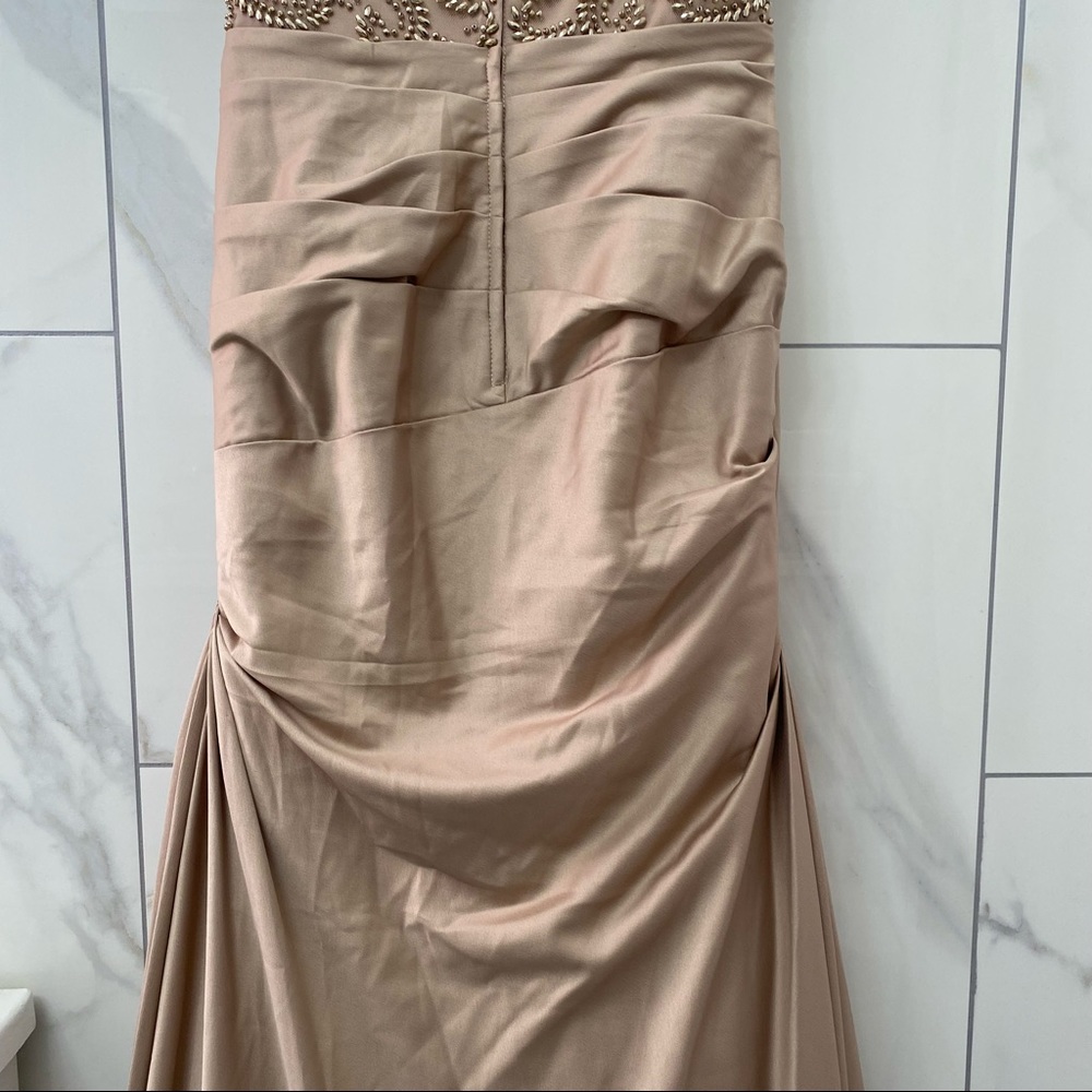 New! La Femme Off the Shoulder Beaded Satin Trumpet Gown - Picture 10 of 13